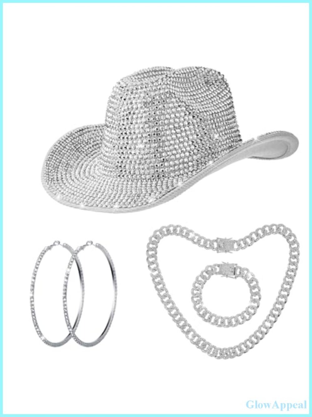 Cowgirl Hat Set with Rhinestone Jewelry - Sparkly Western Party Outfit